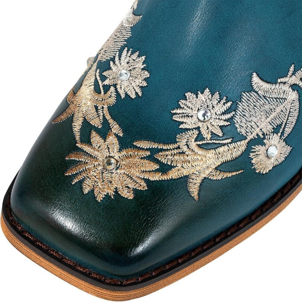 SheSole Womens Blue Floral Square Toe Cowboy Boots Cowgirl Boots Wide Calf - Picture 3 of 9